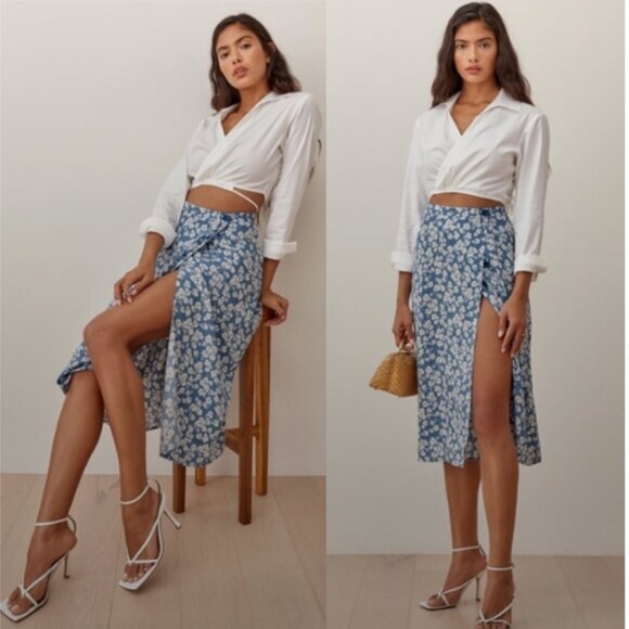 Reformation Skirt Betty Wrap Midi in Daniella Blue Floral - Picture 1 of 9